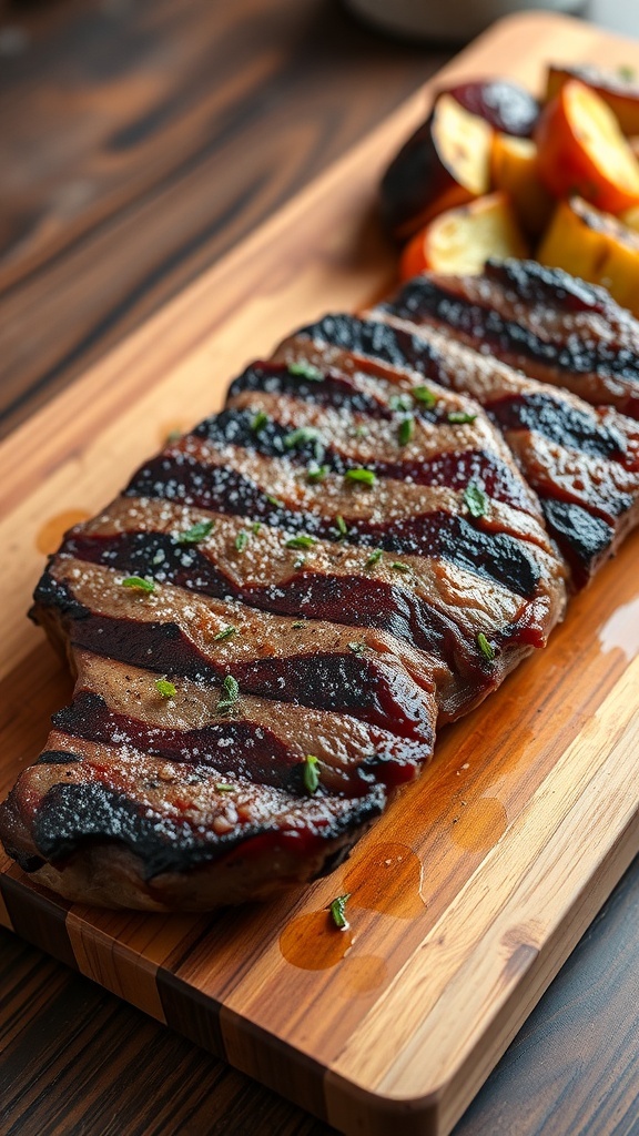 A perfectly seasoned steak on a cutting board, garnished with herbs and accompanied by roasted vegetables.